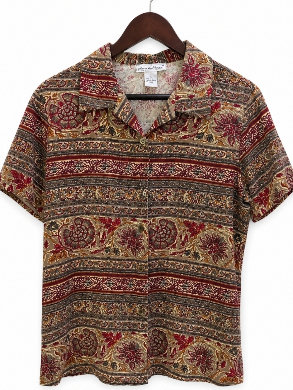 Anna & Frank Silk Blouse Paisley Boho Button Front Vintage Short Sleeve Top Sz L